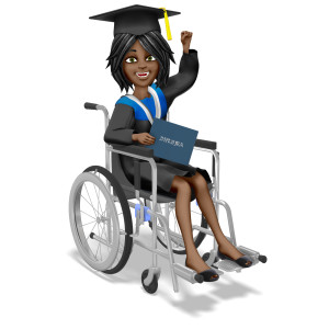 This clipart image features a recent female graduate in a wheelchair.  She is holding is diploma in one hand, and raising her other hand in celebration.  The graduate has a large smile on her face, as she celebrates a monumental achievement.  Use this clipart image for all of your presentations involving education, graduation, accomplishment, and more.
