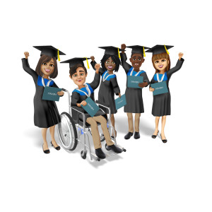 This clipart image features a diverse group of students celebrating as they just graduated from school.  All five students are wearing a graduation cap and gown, and have a large smile on their face.  Each student is holding a diploma in one hand, and have their other hand raised in the air in celebration for their accomplishment.  Use this clipart image for all of your education and graduation presentation needs.