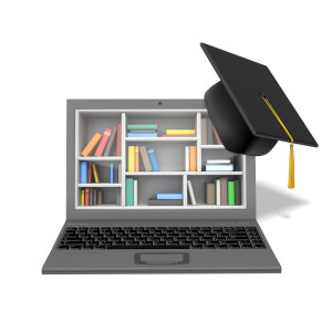 This clipart image features an open laptop with a graduation cap resting on the corner of the monitor.  Use this visual representation of online education graduation for all of your presentations involving education, graduation, online learning, and more.
