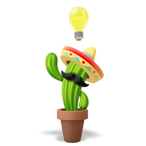 This clipart image features a cactus wearing a sombrero and excitedly pointing upwards.  Above the cactus is a large illuminated light bulb, to insinuate having a thought or idea.  Use this clipart image for all of your Cinco De Mayo themed presentations.