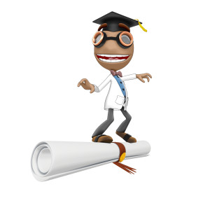 This clipart image features the presentation character Data surfing on a large diploma.  Data is wearing a graduation cap and has a large smile on his face, as he balances himself on top of the diploma.  Use this clipart image for all of your presentations involving graduation, education, success, and more.