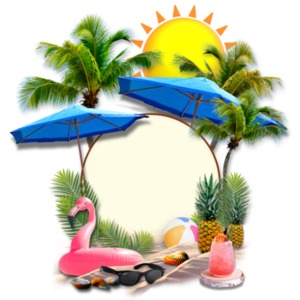 A blank circular sign sits on a pile of sand on the beach as tropical palm trees and beach items surround it.