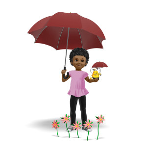 This clipart image features the young presentation character Chloe and a small bumble bee holding umbrellas.  Both characters have the umbrellas opened above their heads, and have a happy smile on their faces.  A row of blooming flowers are positioned in front of the characters.  Use this clipart image as a unique and fun representation of the spring and summer seasons.
