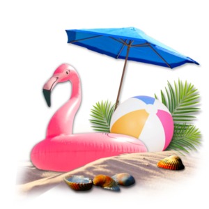 A pink flamingo inflatable floaty, a beach ball, sand, and shady umbrella come together in this summer presentation design.