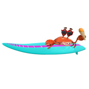 This clipart image features a crab surfing on a surf board with a large smile on it&#039;s face.  The crab is also wearing sunglasses and holding onto a large ice cream cone.  Use this fun clipart image for all of your summer, vacation, and beach related presentations.
