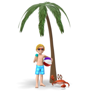 This clipart image features the young presentation character Timmy enjoying a summer vacation.  Timmy is wearing a swimsuit and sunglasses, and has a happy expression on his face.  Timmy is holding onto an ice cream cone in one hand, and a colorful beach ball in the other hand.  A happy cartoon crab is on the ground next to Timmy, waving to the camera.  A palm tree resides in the background, to signify being on a beach or body of water.  Use this clipart image for all of your presentations of vacation, summer, and outdoor activities.