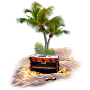 A small sandy tropical island has some shells, a couple of palm trees and a huge chest full of treasure.