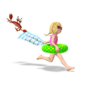 This clipart image features the young presentation character Sally running towards some summer fun.  Sally is wearing a swimsuit and sunglasses, while holding up a pool flotation tube around her waist.  Sally is also carrying a beach towel, which is flapping in the breeze as she runs towards summer fun.  A cartoon crab is flying through the air, as it holds onto the end of Sally&#039;s beach towel.  Use this clipart image for all of your fun summer presentation needs.