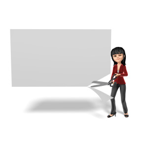 This clipart  image features the presentation character Kim holding a large pair of scissors.  She is standing next to a large blank display board, where she has seemingly cut the lower corner nearest to her off.  The board has been left blank, for the user to add their own custom text.  Use this image as a representation of the idiom &quot;cutting corners.&quot;