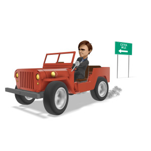 This clipart image features the presentation character Brad driving a small vehicle with a determined look on his face.  In the distance behind Brad resides a sign labeled &quot;Extra Mile,&quot; with an arrow pointing in the same direction that Brad is traveling.  Smoke is emitting from behind the rear tires, as Brad is rapidly accelerating.  Use this clipart image as a visual representation of the idiom &quot;Going The Extra Mile.&quot;
