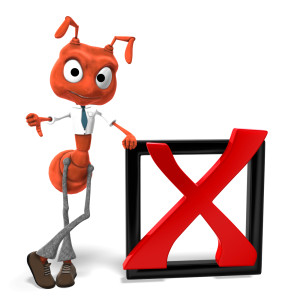 This clipart image features the presentation character &lt;b&gt;Ant&lt;/b&gt;hony leaning on a large outline of a box.   In the center of the box is a large X marked, signaling a failure to complete a task or failure of success.  &lt;b&gt;Ant&lt;/b&gt;hony is posed with a disappointing expression on his face, while giving a thumbs down towards the viewer. Use this clipart image for all of your presentations involving tasks, goals, failure, and more.