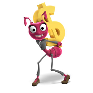 This clipart image features the presentation character Sam&lt;b&gt;ant&lt;/b&gt;ha carrying a large golden dollar symbol.  Sam&lt;b&gt;ant&lt;/b&gt;ha is hunched over, bearing the weight of the large symbol on her back.  She has a joyful expression on her face, as she carries the large dollar symbol.  Use this image as a representation of profits, gains, currency, and more.