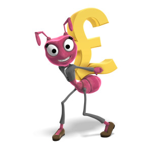 This clipart image features the presentation character Sam&lt;b&gt;ant&lt;/b&gt;ha carrying a large golden pound symbol.  Sam&lt;b&gt;ant&lt;/b&gt;ha is hunched over, bearing the weight of the large symbol on her back.  She has a joyful expression on her face, as she carries the large pound symbol.  Use this image as a representation of profits, gains, currency, and more.