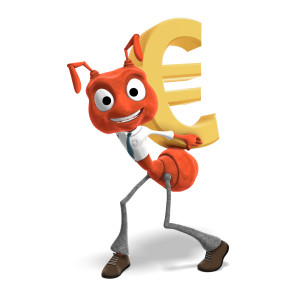 This clipart image features the presentation character &lt;b&gt;Ant&lt;/b&gt;hony carrying a large golden euro symbol.  &lt;b&gt;Ant&lt;/b&gt;hony is hunched over, bearing the weight of the large symbol on his back.  He has a joyful expression on his face, as he carries the large euro symbol.  Use this image as a representation of profits, gains, currency, and more.