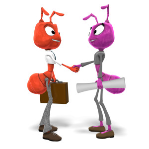 This clipart image features the presentation ant characters &lt;b&gt;Ant&lt;/b&gt;hony and Sam&lt;b&gt;ant&lt;/b&gt;ha shaking hands.  &lt;b&gt;Ant&lt;/b&gt;hony is holding a briefcase, while Sam&lt;b&gt;ant&lt;/b&gt;ha is holding on to a rolled up set of business plans.  Both characters have a happy expression on their faces, as they have seemingly agreed on a business plan or proposal.  Use this clipart image for all of your presentations involving business, team work, solutions, and more.