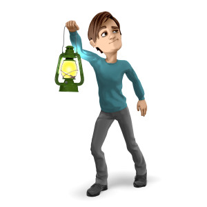 This clipart image features the presentation character Brad searching with an old lantern.  Brad is looking around as he elevates the lantern to illuminate his surroundings.  Use this clipart image for presentations involving searching, discovery, investigation, and more.