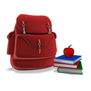 This clipart image features a colorful stack of books next to a student&#039;s backpack.  An apple is positioned on top of the stack of the books.  Use this clipart image as a visual representation of returning to school, education, the school year, and more.