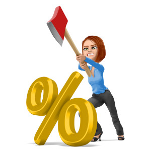 Business woman using an axe on a percent symbol
