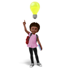This clipart image features the young presentation character Chloe having a bright idea.  Chloe is posed pointing in the air, while a large light bulb resides above her head, signifying that she has a thought or idea.  Chloe is wearing a backpack and is also holding a text book in her other hand.  Use this educational themed image for presentations that involve having a thought, idea, or solution.