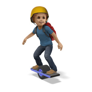 This clipart image features the young presentation character Timmy riding a one wheeled device to school.  Timmy has a joyful expression on his face, as he cruises along on his device towards his school.  Timmy is wearing a backpack, as well as a helmet on his head for safety. Use this clipart image for all of your fun and exciting educational themed presentations.