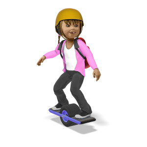 This clipart image features the young presentation character Sally riding a one wheeled device to school.  Sally has a joyful expression on her face, as she cruises along on her device towards her school.  Sally is wearing a backpack, as well as a helmet on her head for safety. Use this clipart image for all of your fun and exciting educational themed presentations.