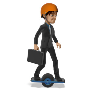 This clipart image features the presentation character Brad riding an electronic one wheeled device to work.  Brad is holding onto a briefcase, while happily maintaining his balance on the device as he rides towards the office.  Use this clipart image for all of your transportation and business themed presentations.