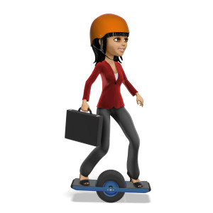 This clipart image features the presentation character Kim riding an electronic one wheeled device to work.  Kim is holding onto a briefcase, while happily maintaining her balance on the device as she rides towards the office.  Use this clipart image for all of your transportation and business themed presentations.