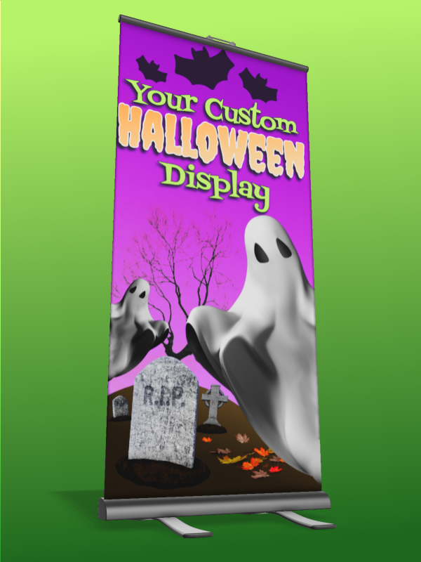 This Presentation Clipart shows a preview of 3D Halloween Roller Banner Clipart - Customizable Mockup