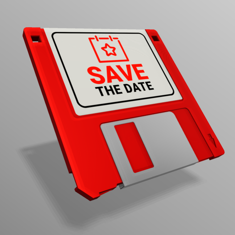 This Presentation Clipart shows a preview of Save the Date Floppy Disc - Customizable Mockup