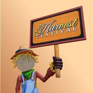 A 3D Scarecrow Holding  Harvest Festival Sign with editing tools to customize the design and make it your own.