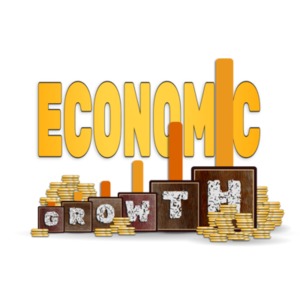 The word growth is spelled out on individual wooden blocks of increasing size. A bar graph indicates increasing financial gain.