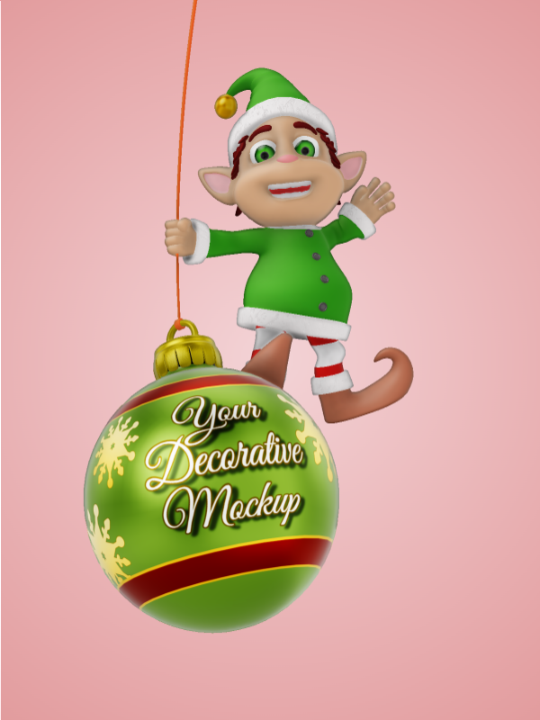 This Presentation Clipart shows a preview of 3D Male Elf On Swinging Ornament Clipart - Customizable Mockup