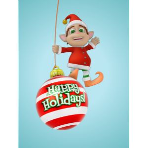 A 3D male elf on a swinging ornament with editing tools to customize the design and make it your own.