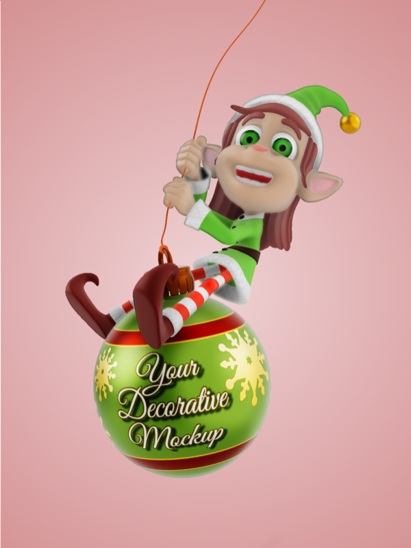 This Presentation Clipart shows a preview of 3D Female Elf On Swinging Ornament Clipart - Customizable Mockup