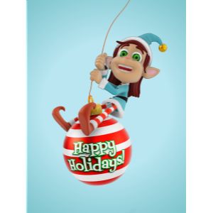 A 3D female elf on a swinging ornament with editing tools to customize the design and make it your own.