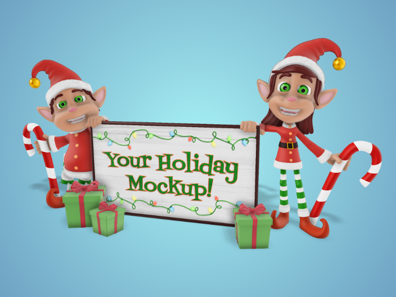 This Presentation Clipart shows a preview of 3D Holiday Elves Holding Sign Clipart - Customizable Mockup