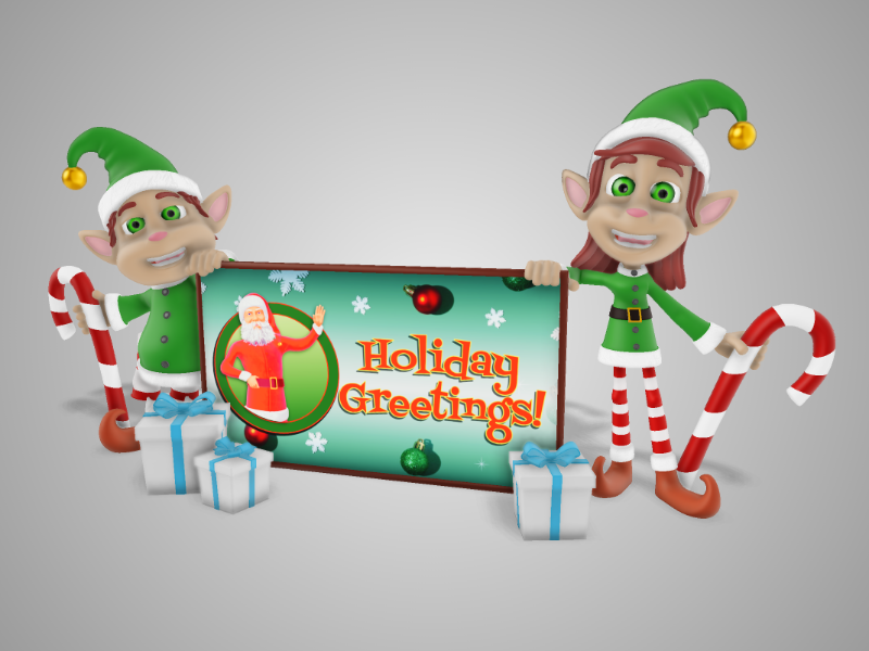 This Presentation Clipart shows a preview of 3D Holiday Elves Holding Sign Clipart - Customizable Mockup