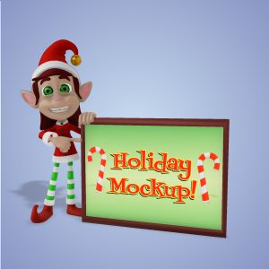 A 3D female holiday elf holding up a sign and pointing at it with editing tools to customize the design and make it your own.