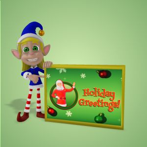 A 3D female holiday elf holding up a sign and pointing at it with editing tools to customize the design and make it your own.