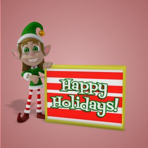 A 3D female holiday elf holding up a sign and pointing at it with editing tools to customize the design and make it your own.