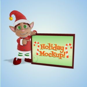A 3D male holiday elf holding up a sign and pointing at it with editing tools to customize the design and make it your own.