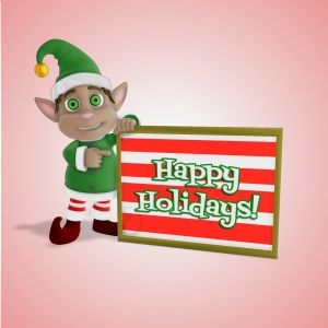 A 3D male holiday elf holding up a sign and pointing at it with editing tools to customize the design and make it your own.