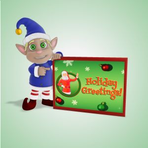 A 3D male holiday elf holding up a sign and pointing at it with editing tools to customize the design and make it your own.