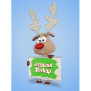 A 3D reindeer holding up a snowy sign with editing tools to customize the design and make it your own.