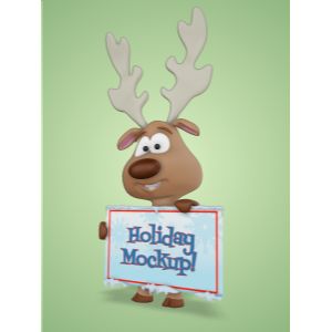 A 3D reindeer holding up a snowy sign with editing tools to customize the design and make it your own.
