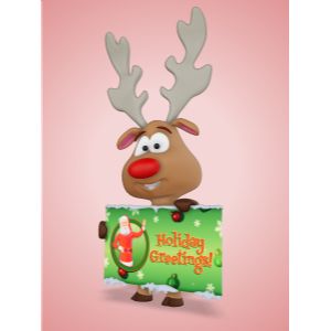 A 3D reindeer holding up a snowy sign with editing tools to customize the design and make it your own.