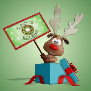 A 3D reindeer standing in a present holding up a sign with editing tools to customize the design and make it your own.