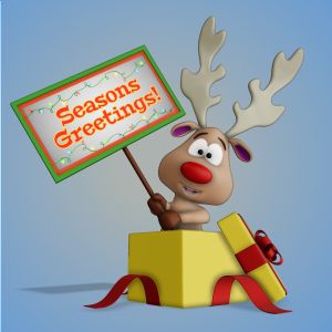 A 3D reindeer standing in a present holding up a sign with editing tools to customize the design and make it your own.