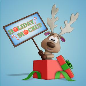 A 3D reindeer standing in a present holding up a sign with editing tools to customize the design and make it your own.