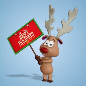 A 3D reindeer holding up a sign with editing tools to customize the design and make it your own.